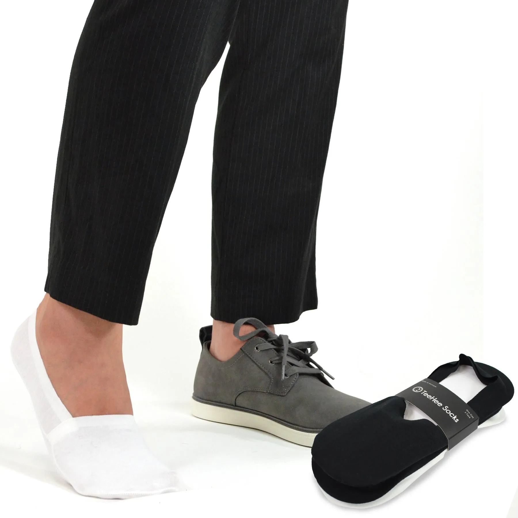 TeeHee Socks Men's Casual Cotton No Show Black, Black, White 3-Pack (M1564)