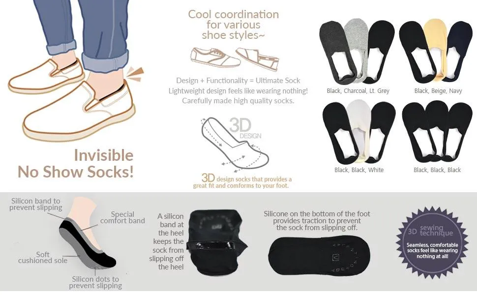 TeeHee Socks Men's Casual Cotton No Show Black, Black, White 3-Pack (M1564)