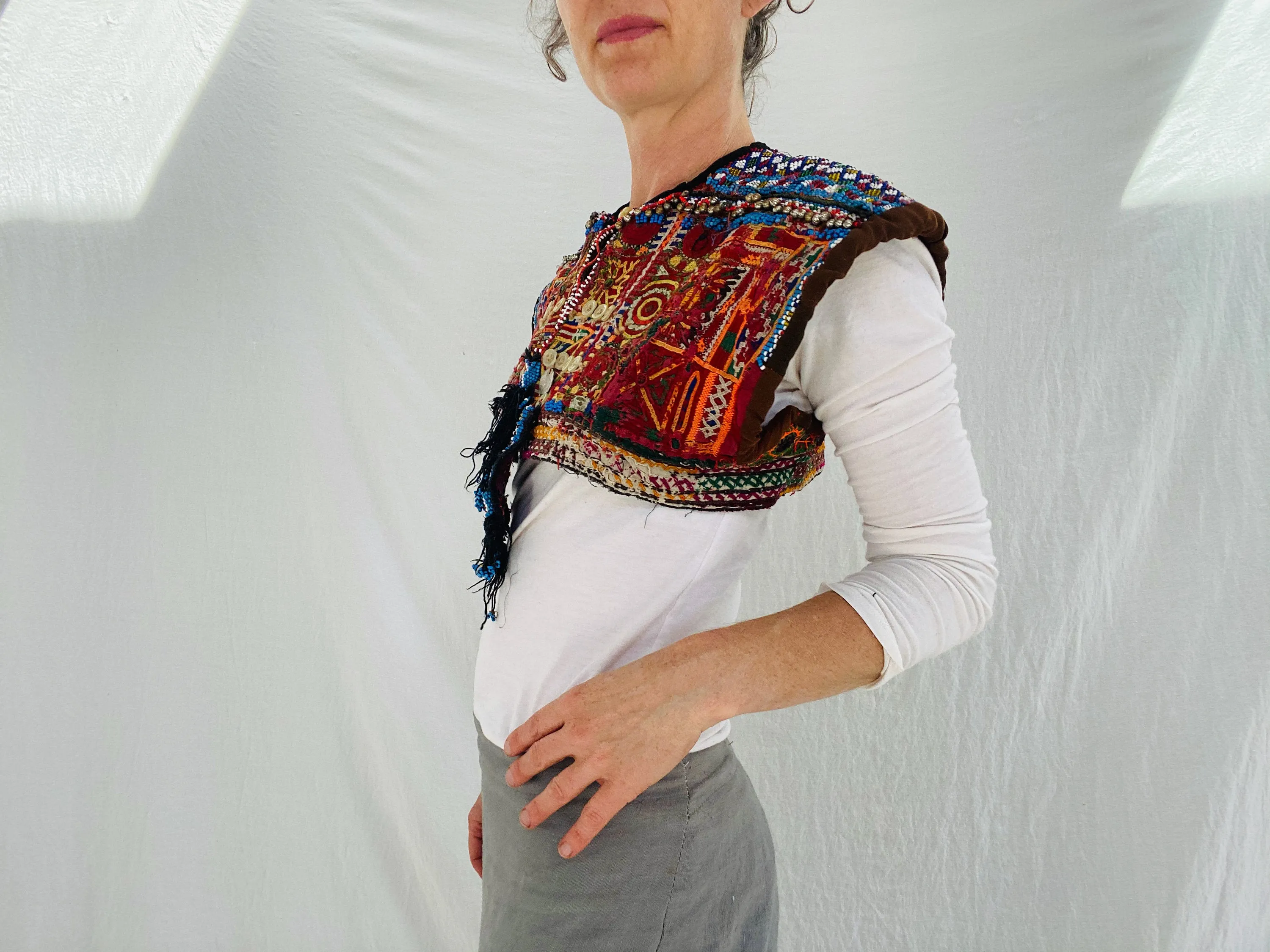 Vintage Balochi Vest. Size S. Embroidered Beaded and Coined