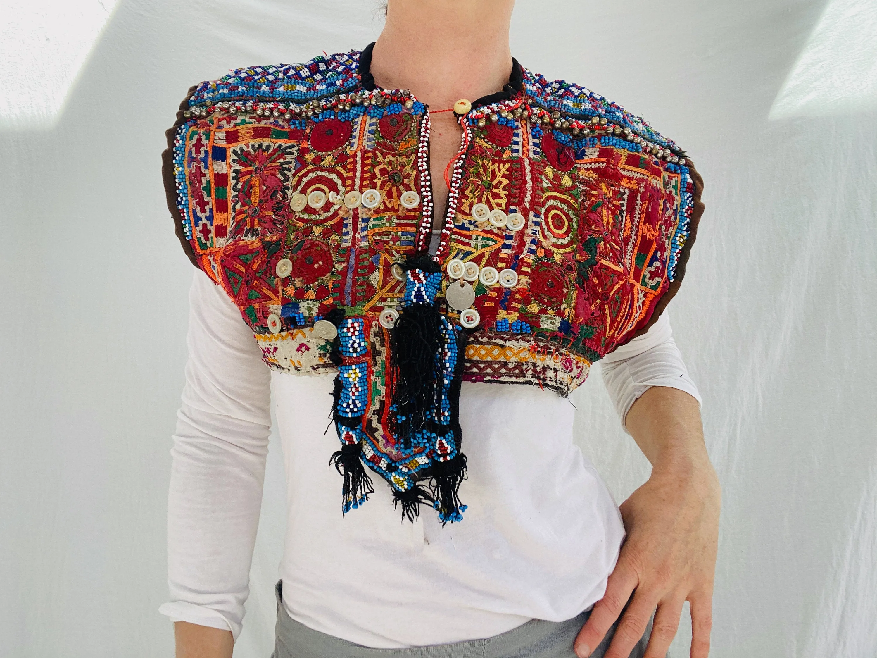Vintage Balochi Vest. Size S. Embroidered Beaded and Coined