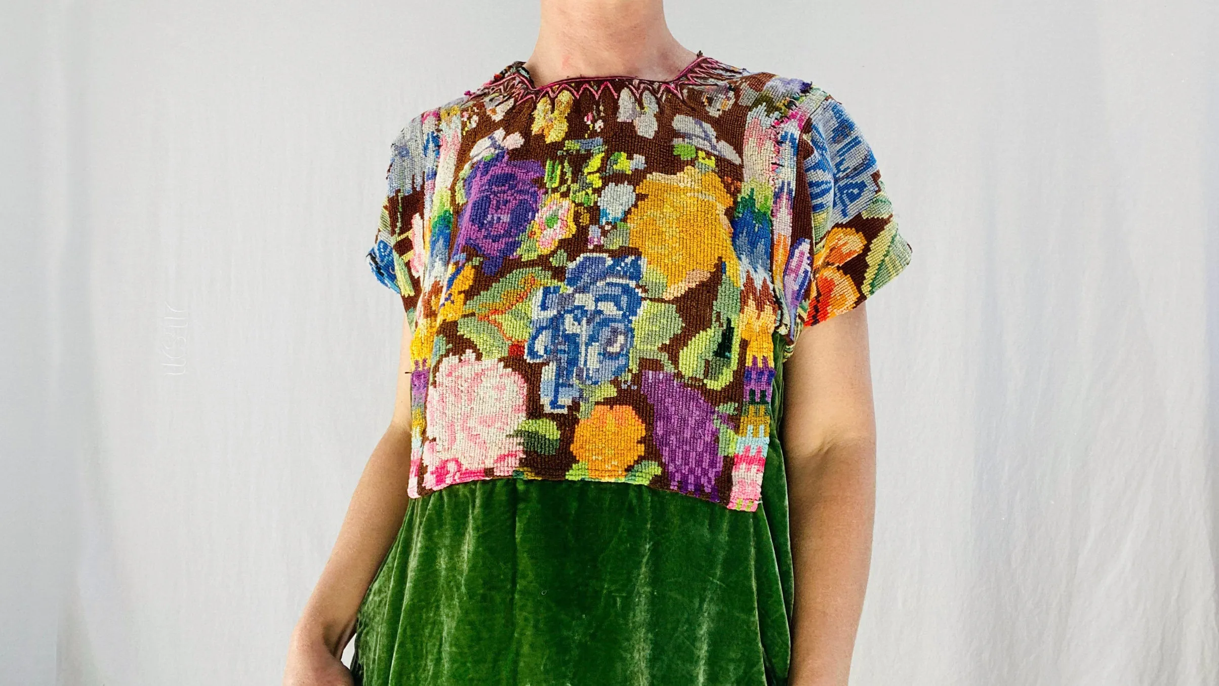 Vintage Guatemala Huipil Dress. Silk Velvet. Chichicastenango.