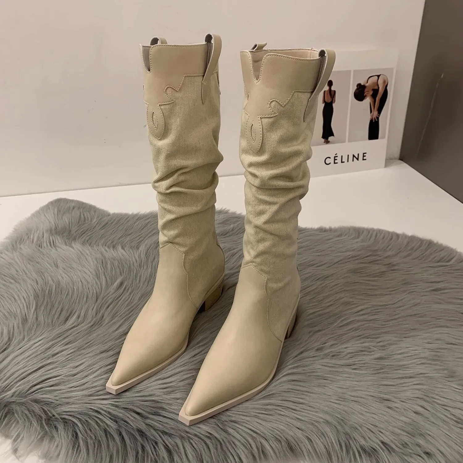 Western Cowboy French Heeled Riding Stack Boots