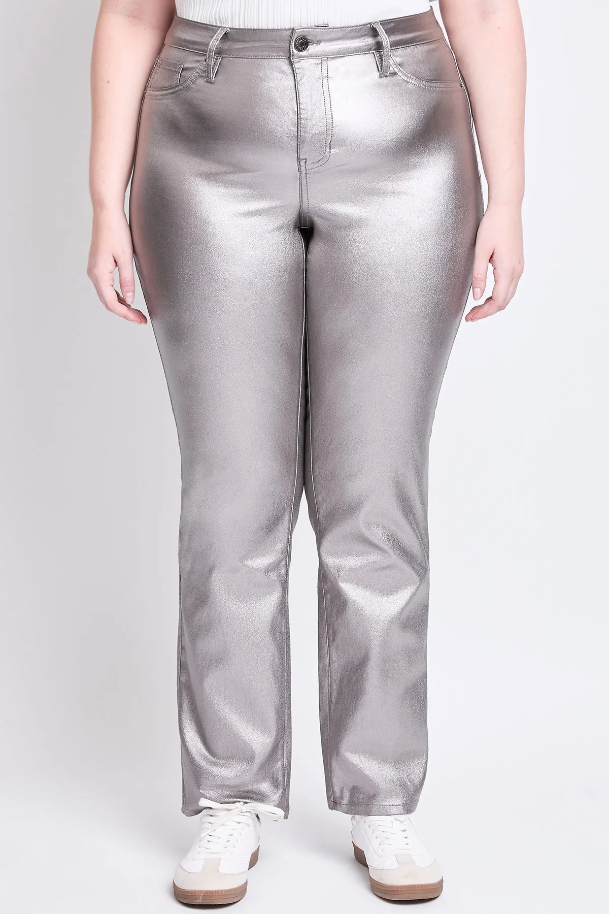 Women's Plus Hyperstretch High Rise Straight Leg Metallic Pant, Smoke