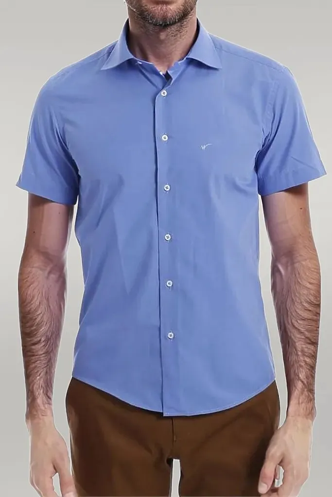 WSS Short Sleeve Poly Cotton Slim Fit Blue Men Shirt  - Singen