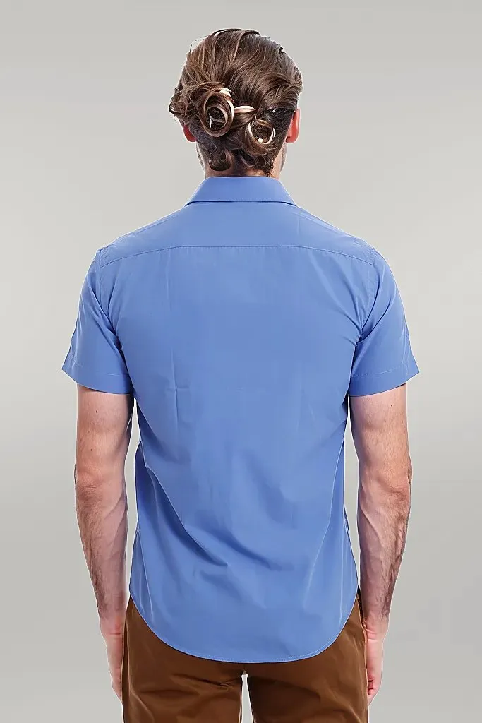 WSS Short Sleeve Poly Cotton Slim Fit Blue Men Shirt  - Singen