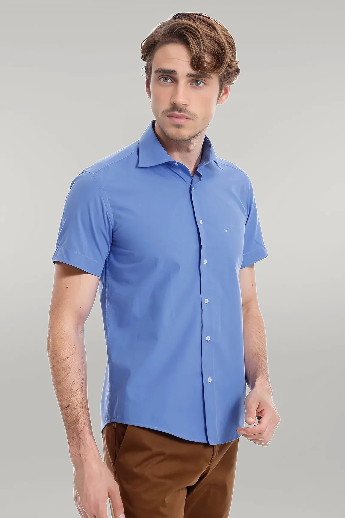 WSS Short Sleeve Poly Cotton Slim Fit Blue Men Shirt  - Singen